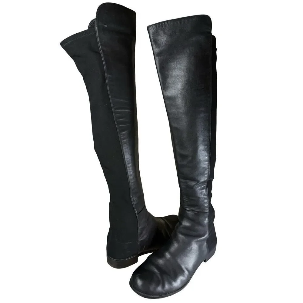 Stuart Weitzman 5050 Black Leather Over Knee Boots Low Heel Size 8.5